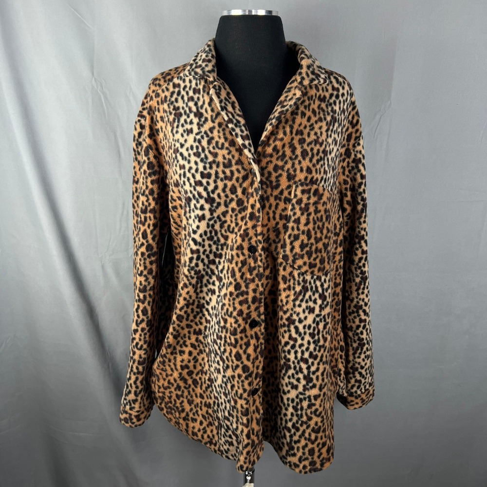 Stan Herman Shirt Jacket Womens Large Multicolor Leopard Fleece Button Front